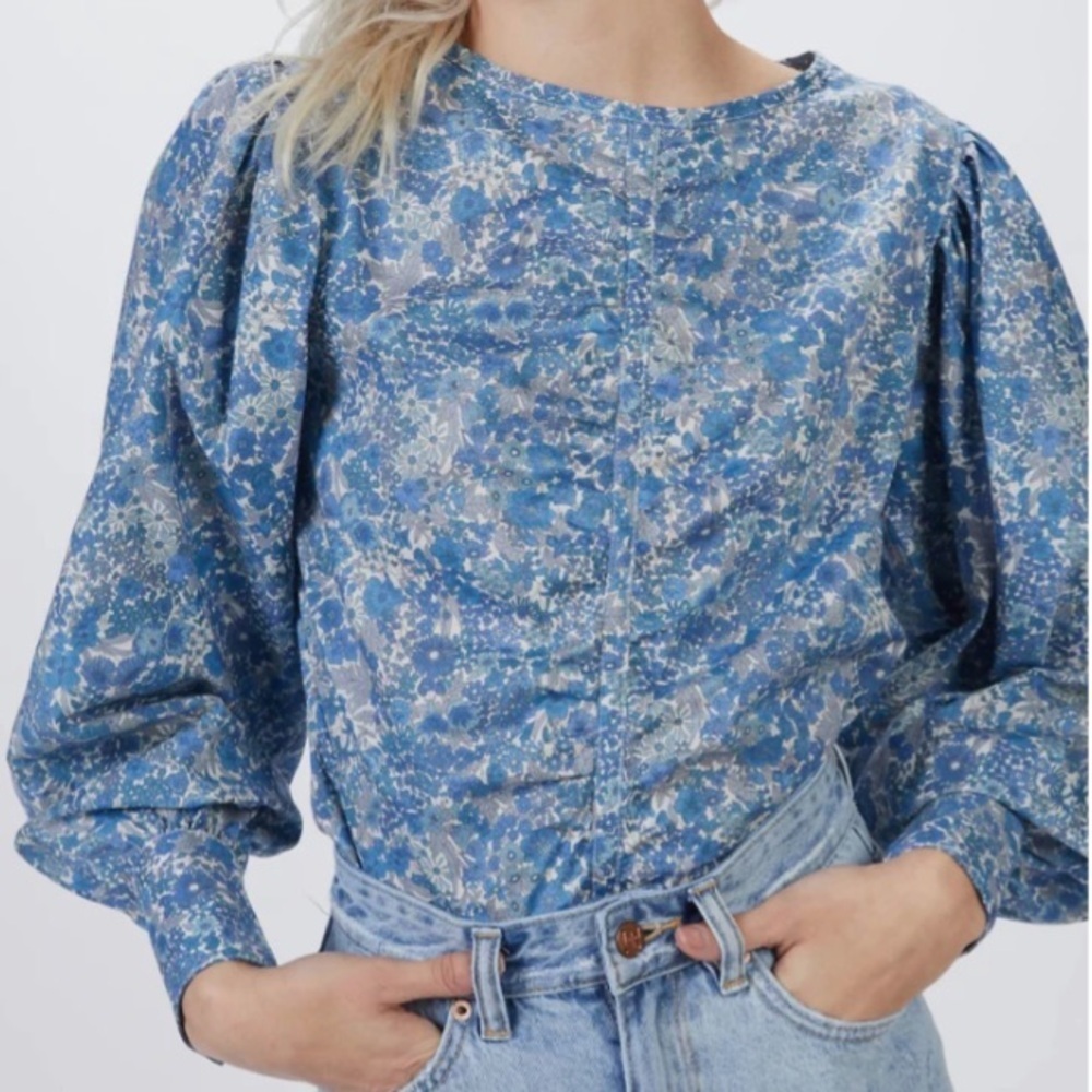 Smythe Women M Blue Liberty Floral Cottage Voluminous Sleeves Ruched Blouse NWOT